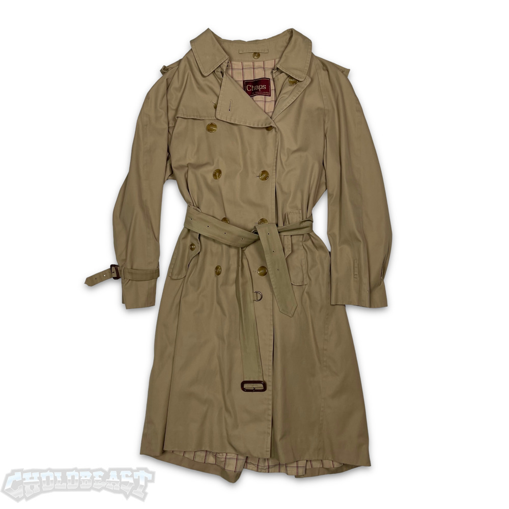 VTG 90s Chaps Ralph Lauren Long Heavy Khaki Brown Trench Rain Coat MENS vintage